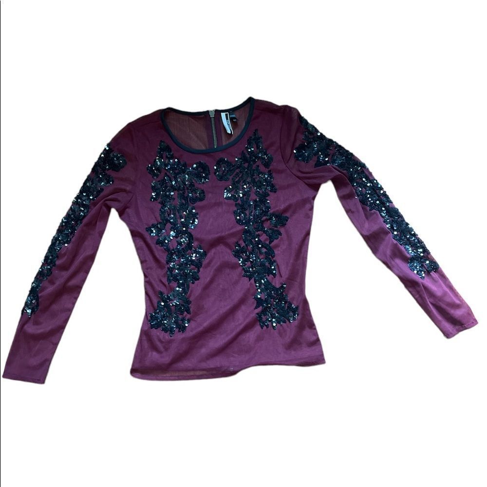 Topshop Burgundy sheer with black sequin top size small